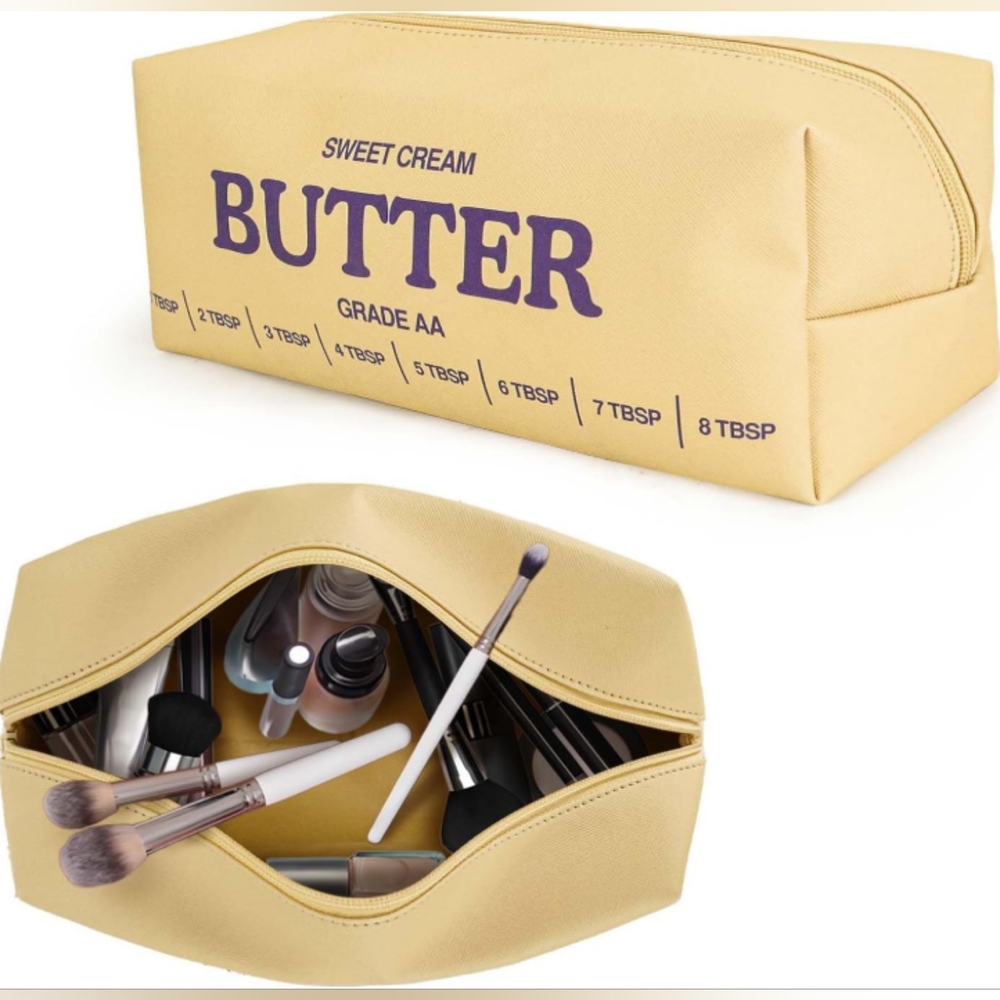Yellow Makeup Bag with Purple Text
